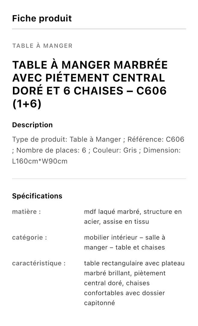 Table à manger 6places 160X90CM gris C606(1+6)