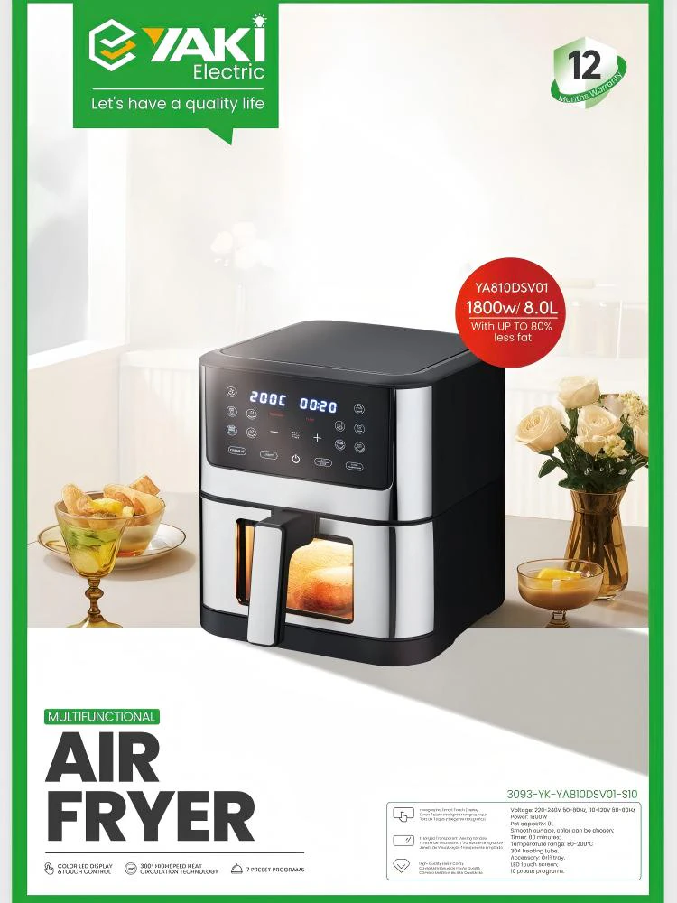 Air fryer Yaki 8litres multifonction digital noir gris YA810DSV01S