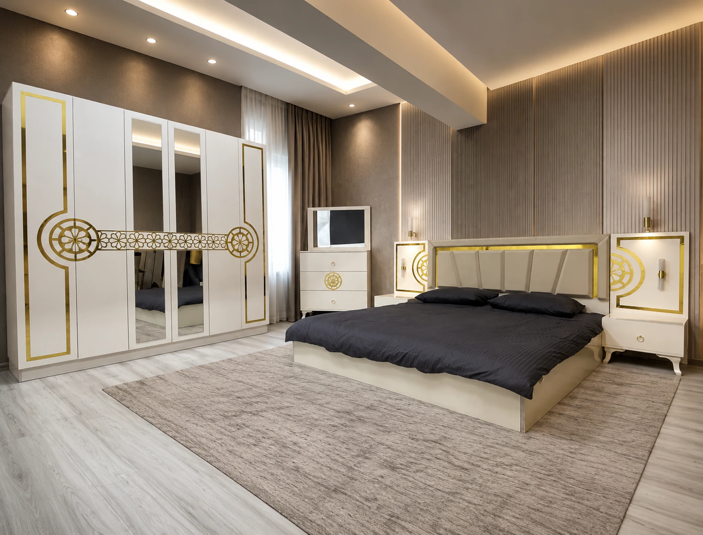 Chambre à coucher armoire 6battants 5pièces beige natalya (3444)
