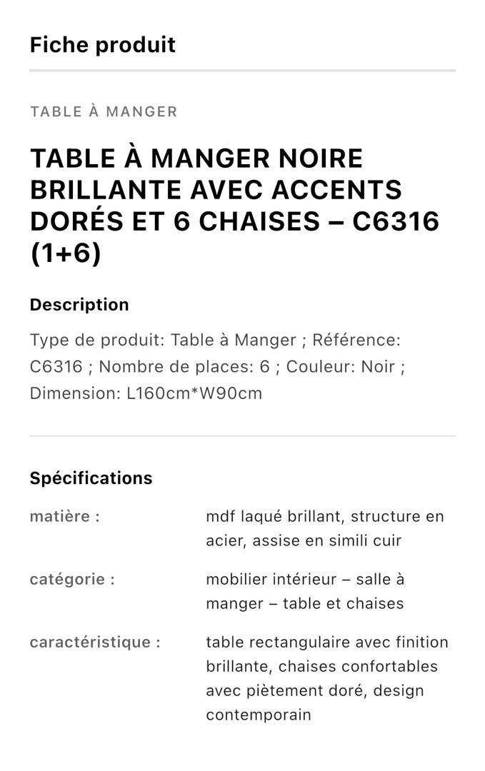 Table à manger 6places 160X90CM noir C6316(1+6)