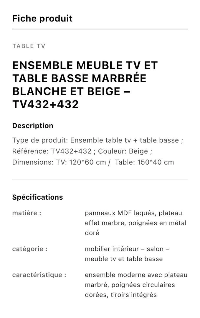 Table téléviseur beige 150X40 TV432+TABLE basse 120X60 432