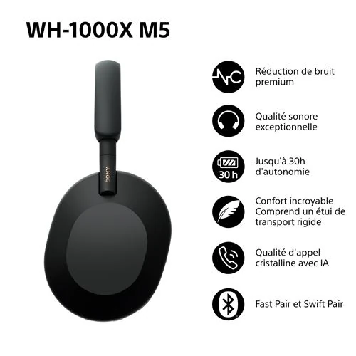 Casque sans fil Sony à reduire de bruit noir WH1000XM5