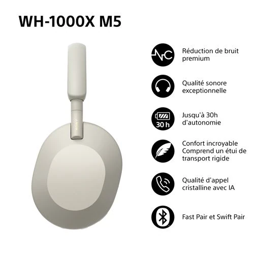 Casque sans fil Sony à reduire de bruit gris WH1000XM5
