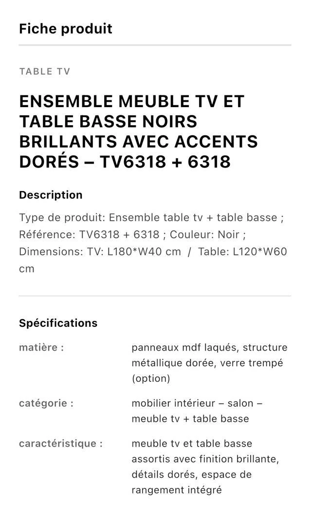 Table téléviseur 180X40CM TV6318 + table basse 120X60 noir 6318