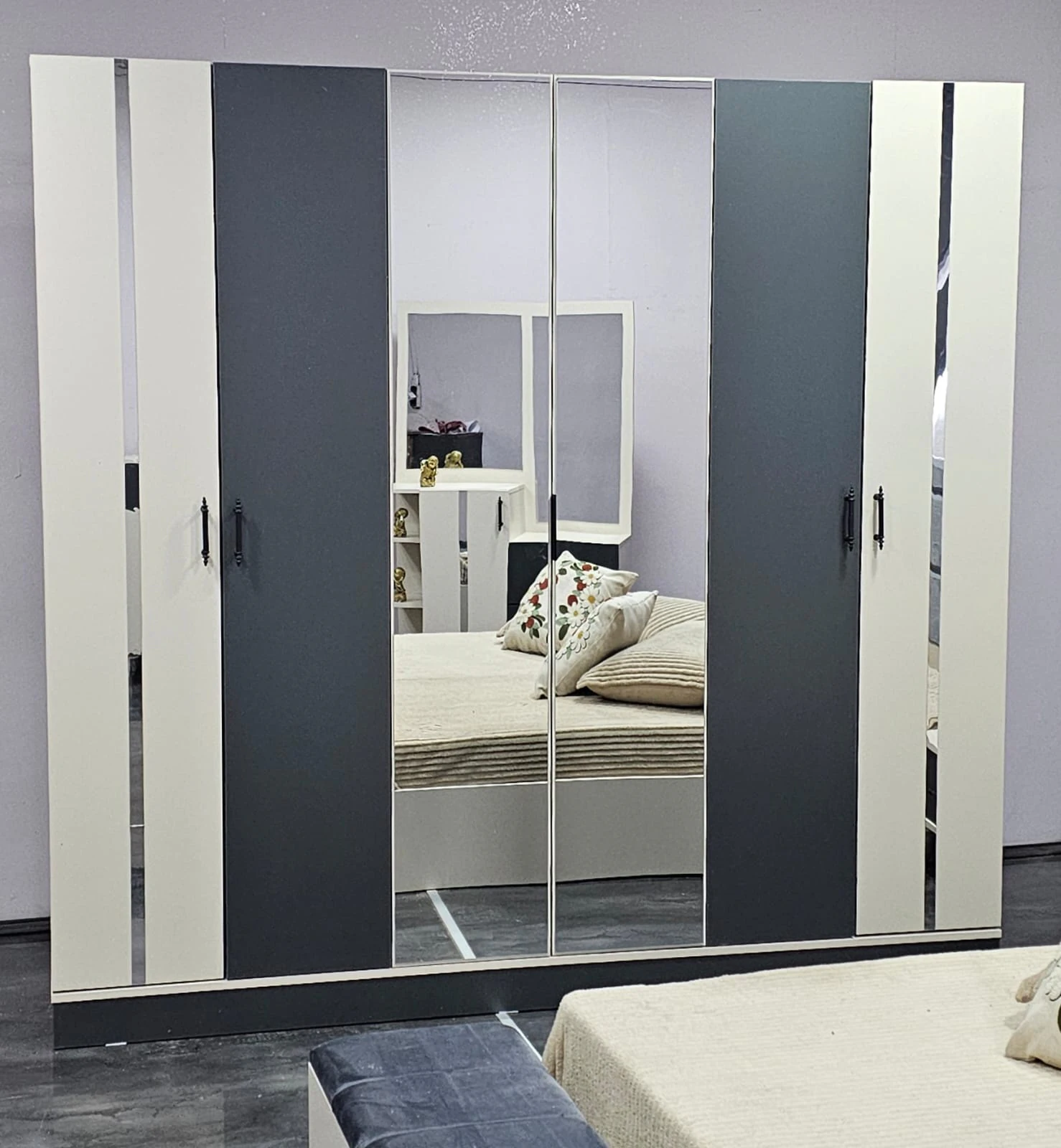Chambre à coucher 6battants 4pièces blanc gris felicita