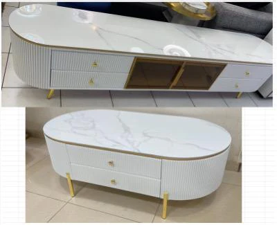 Table téléviseur blanc marbre 200X40X46 TV2032 + table basse 130X70 2032