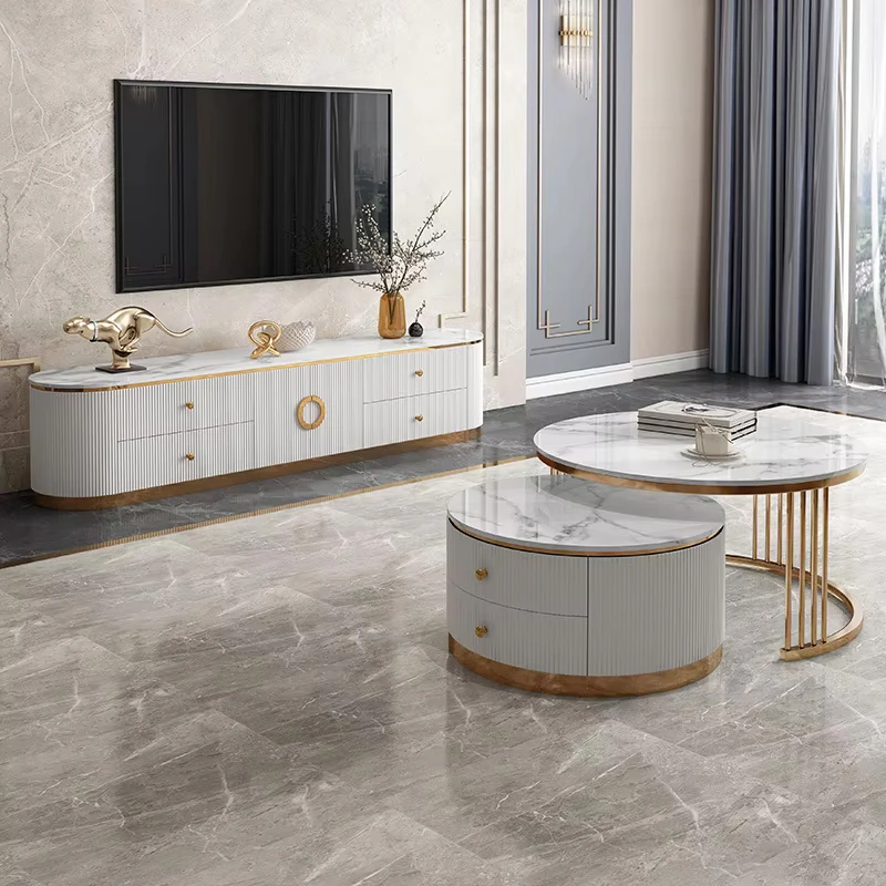 Table téléviseur blanc marbre 200X40X46 TV2033 + table basse 80X45/60X40 2033
