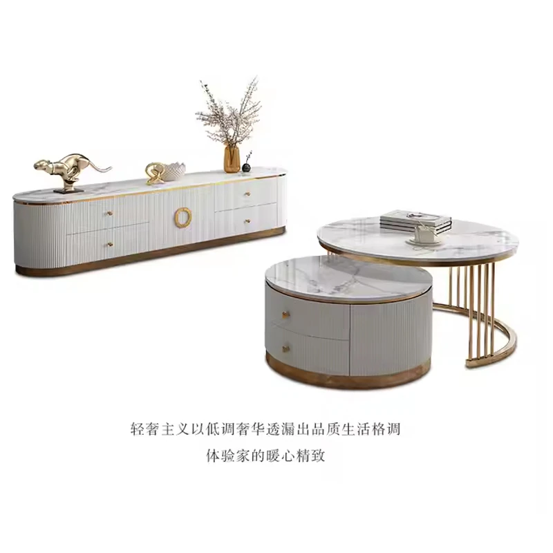 Table téléviseur blanc marbre 200X40X46 TV2033 + table basse 80X45/60X40 2033