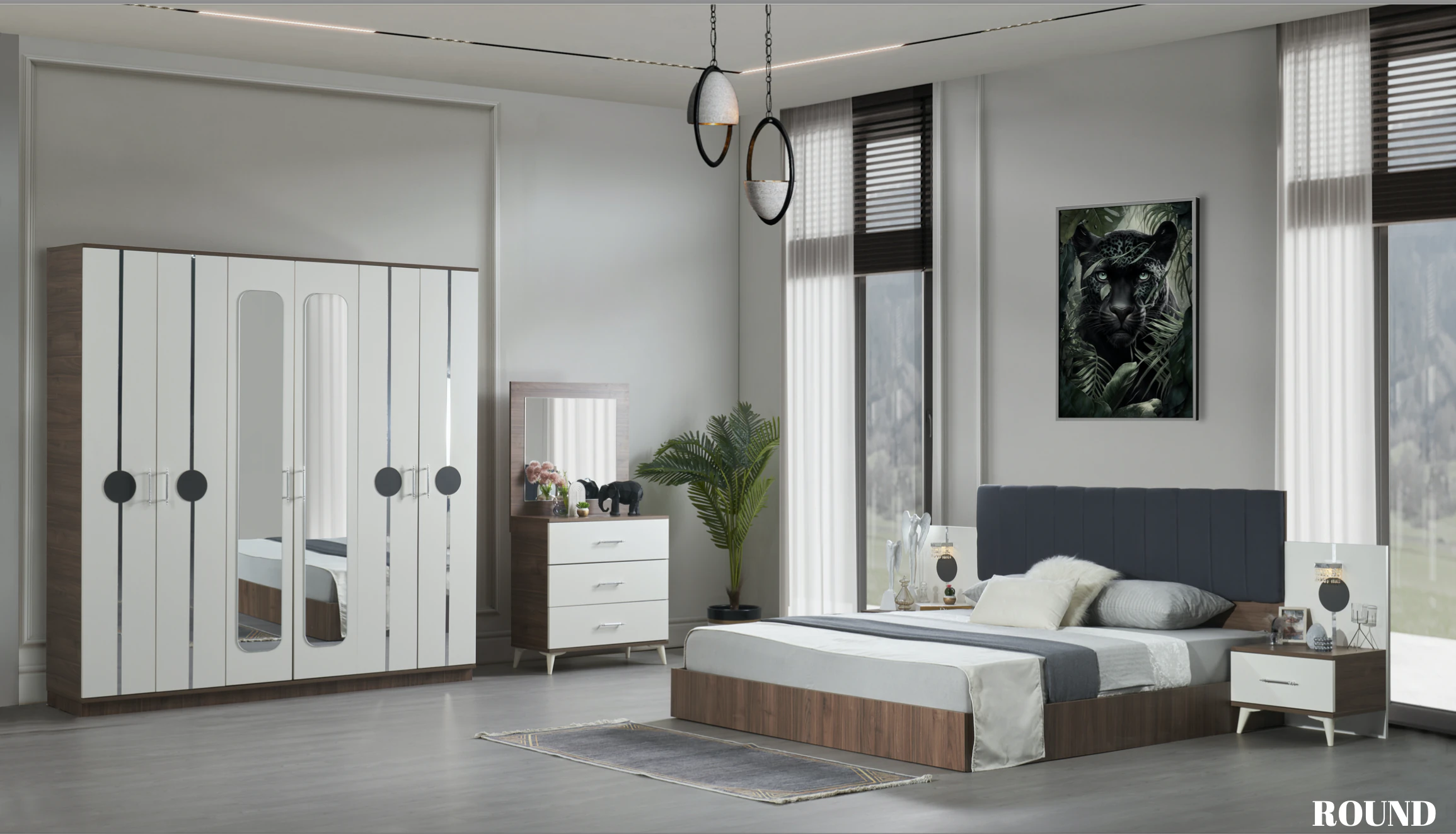 Chambre à coucher 6battants 4pièces blanc marron round
