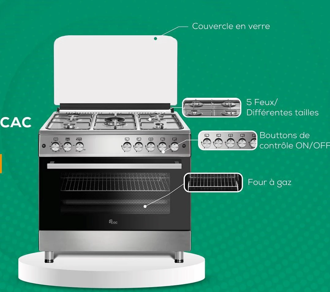 Cuisinière CAC 5feux 90X60 inox full option CAC90G