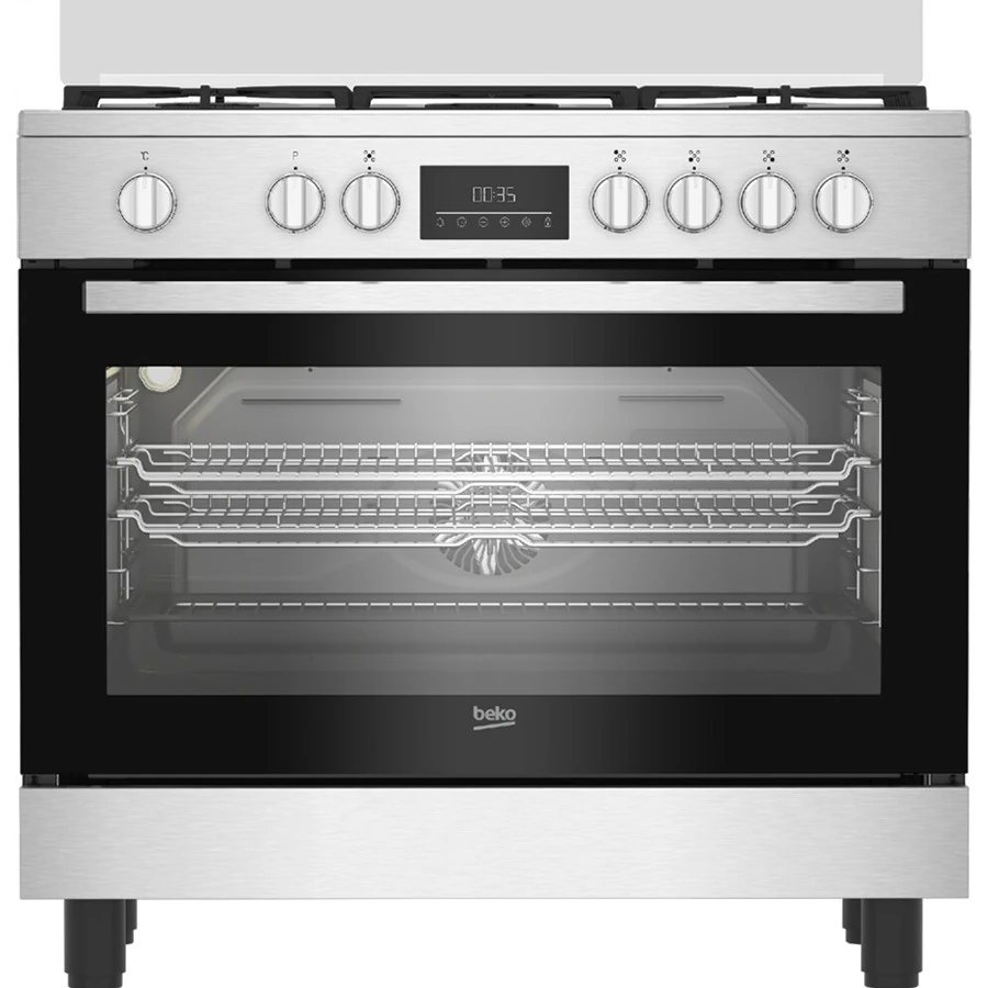 Cuisinière Beko 5feux 90X60 à gaz full option ventilo + four électrique inox BGM11226EX