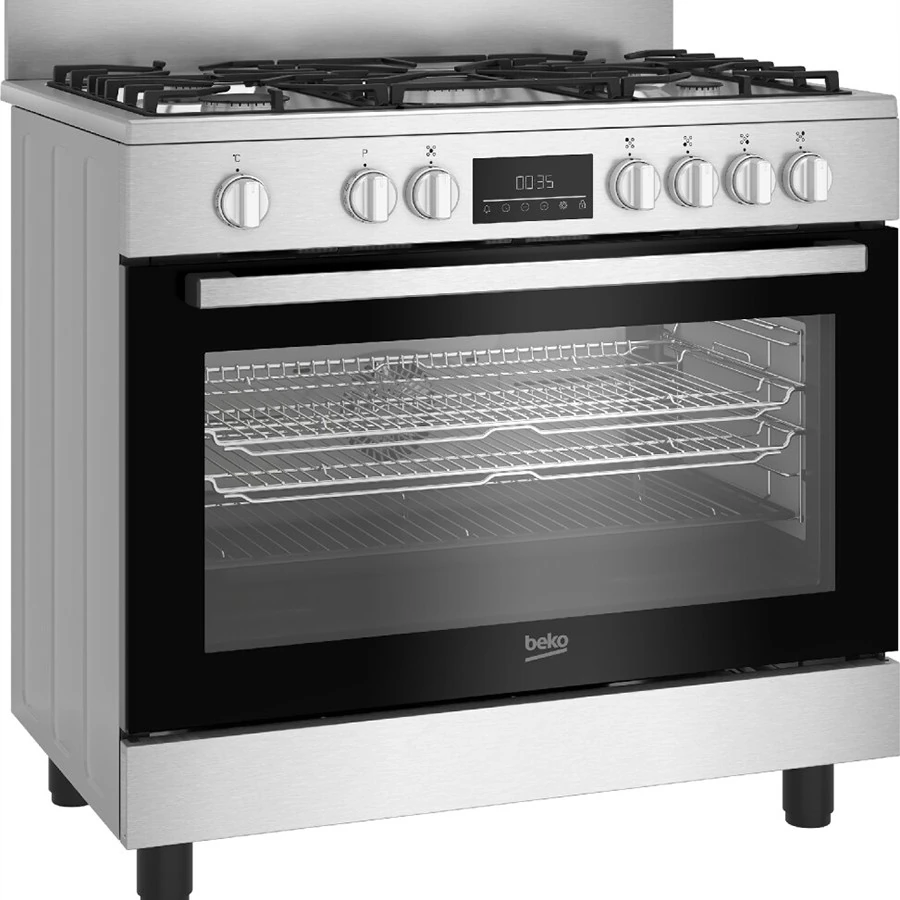 Cuisinière Beko 5feux 90X60 à gaz full option ventilo + four électrique inox BGM11226EX